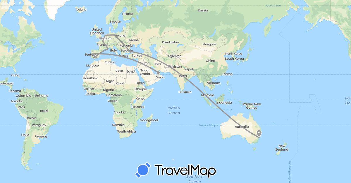 TravelMap itinerary: driving, plane in United Arab Emirates, Australia, Germany, Spain, France, Italy, Monaco, Netherlands, Portugal, Turkey (Asia, Europe, Oceania)
